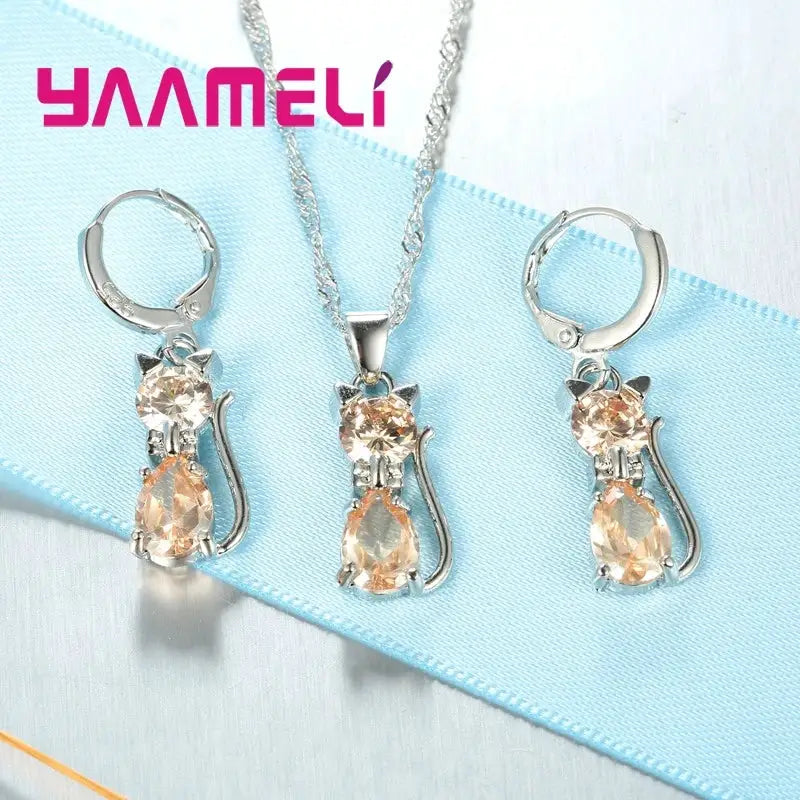 Real 925 Sterling Silver Cat Pendant Necklace And Huggie Earrings With Austrian Crystal Jewelry Set For Women And Girls