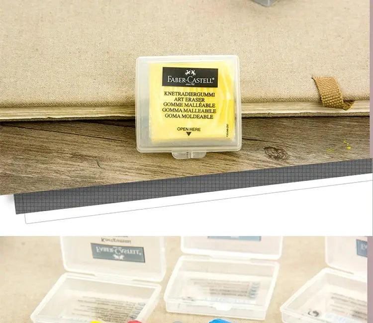 Kneaded eraser in a yellow plastic case by Faber-Castell, soft art eraser for sketching.