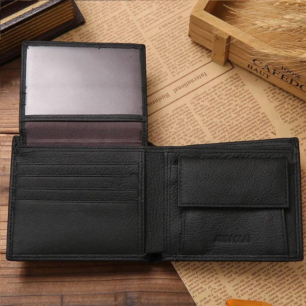Classic short genuine leather men's wallet by JINBAOLAI with clear ID window, card slots and coin pocket