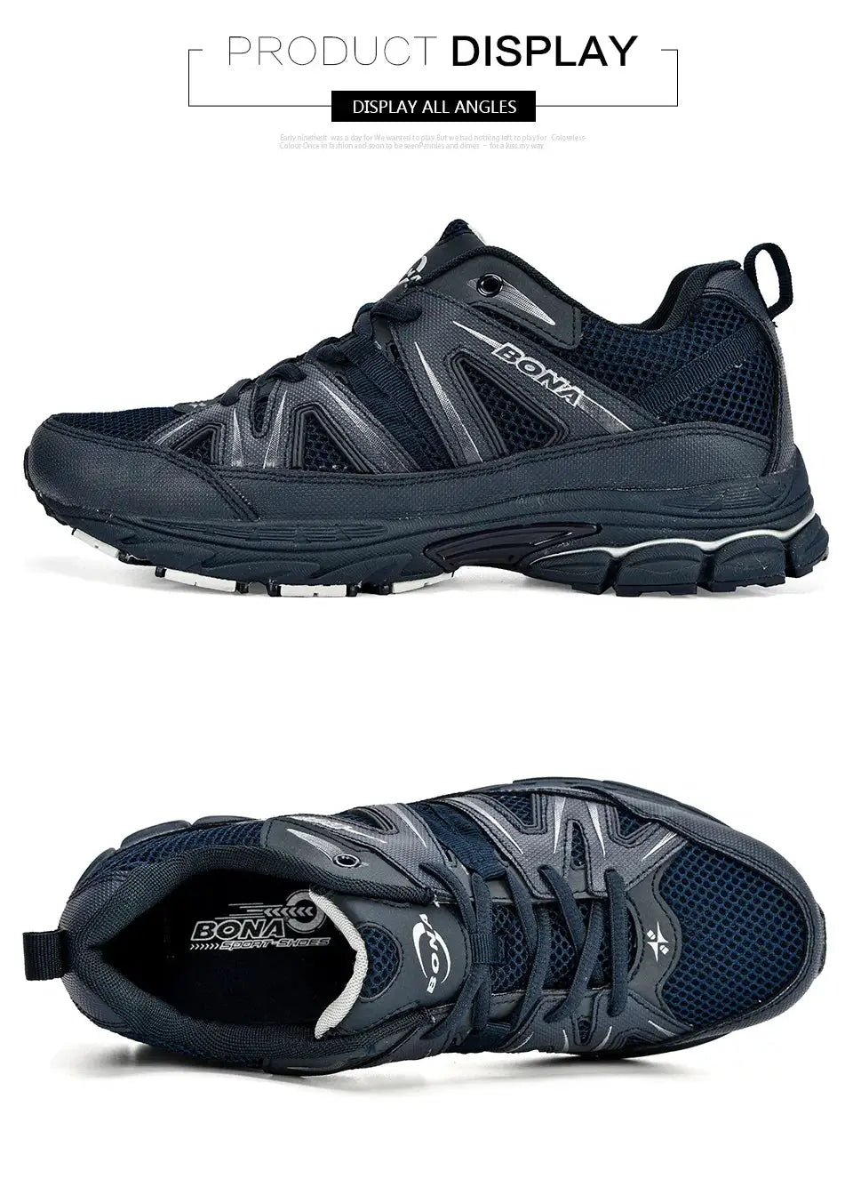 BONA men's running shoes, navy mesh with split microfiber overlays, lace-up outdoor sneakers