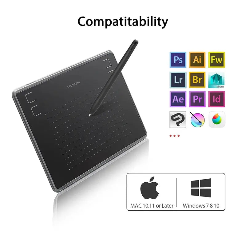 HUION H430P drawing tablet with battery-free pen, black; compatible with Mac/Windows and major design apps.
