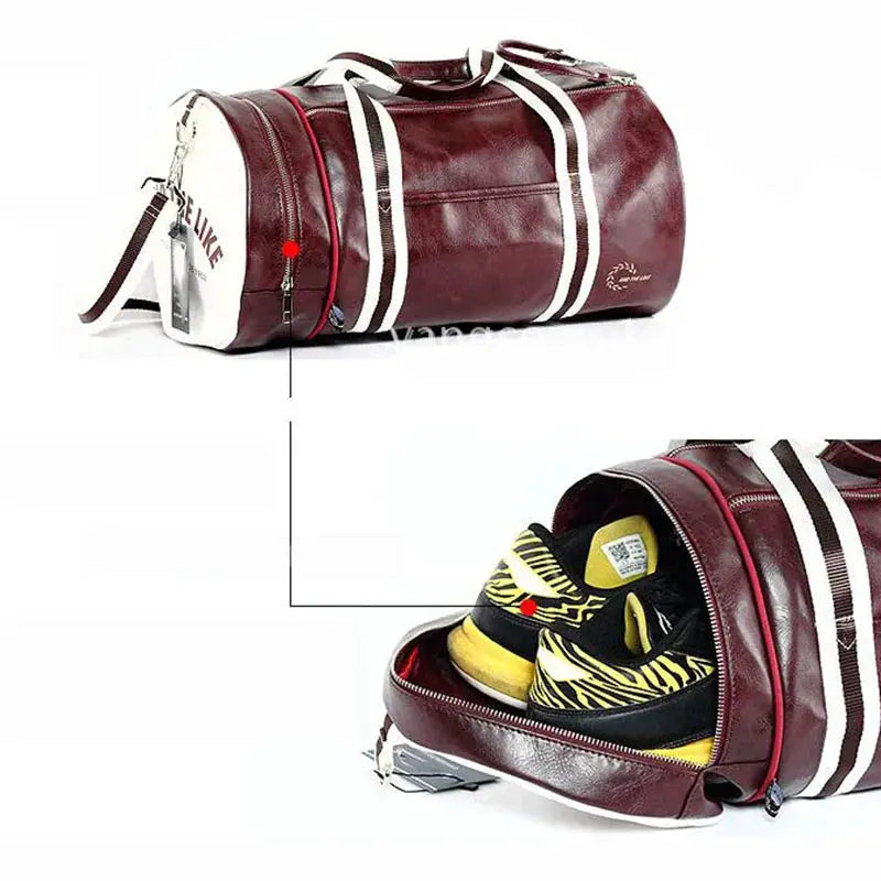Simples Market sport gym bag with shoe storage pocket, burgundy leather, white striped handles