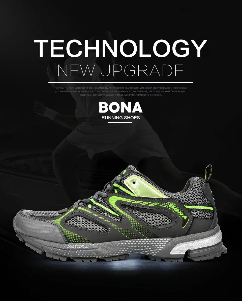 BONA men's running shoe in gray mesh with neon green accents, lace-up outdoor jogger by Simples Market.