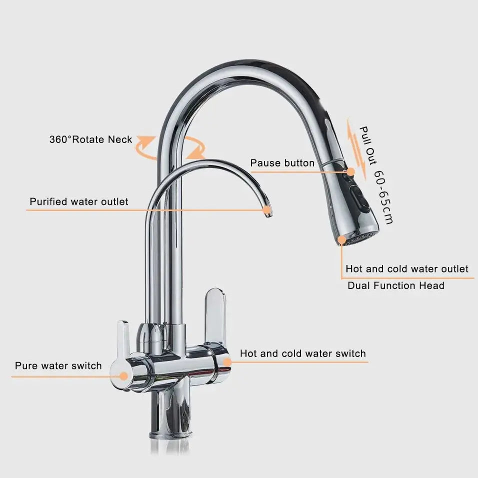 Rozin kitchen faucet with chrome pull-out spray head; dual-function hot/cold and purified water outlets
