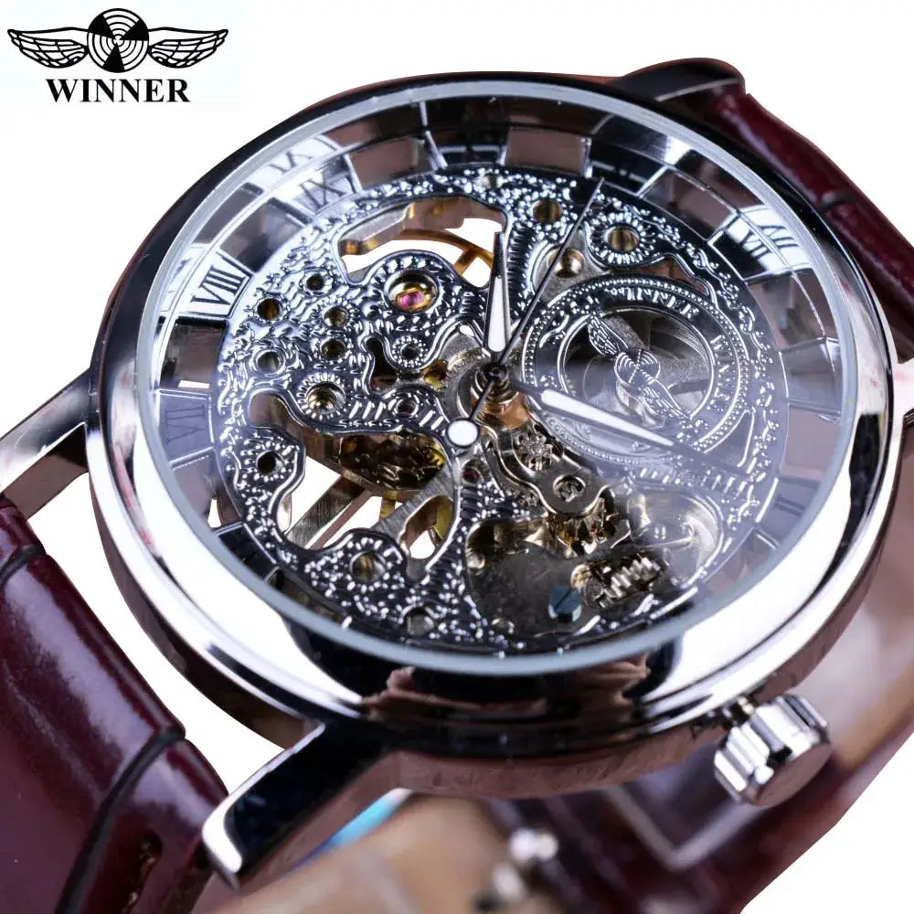 Winner Transparent Skeleton Mechanical Watch With Leather Strap See Through Dial Luxury Casual Timepiece