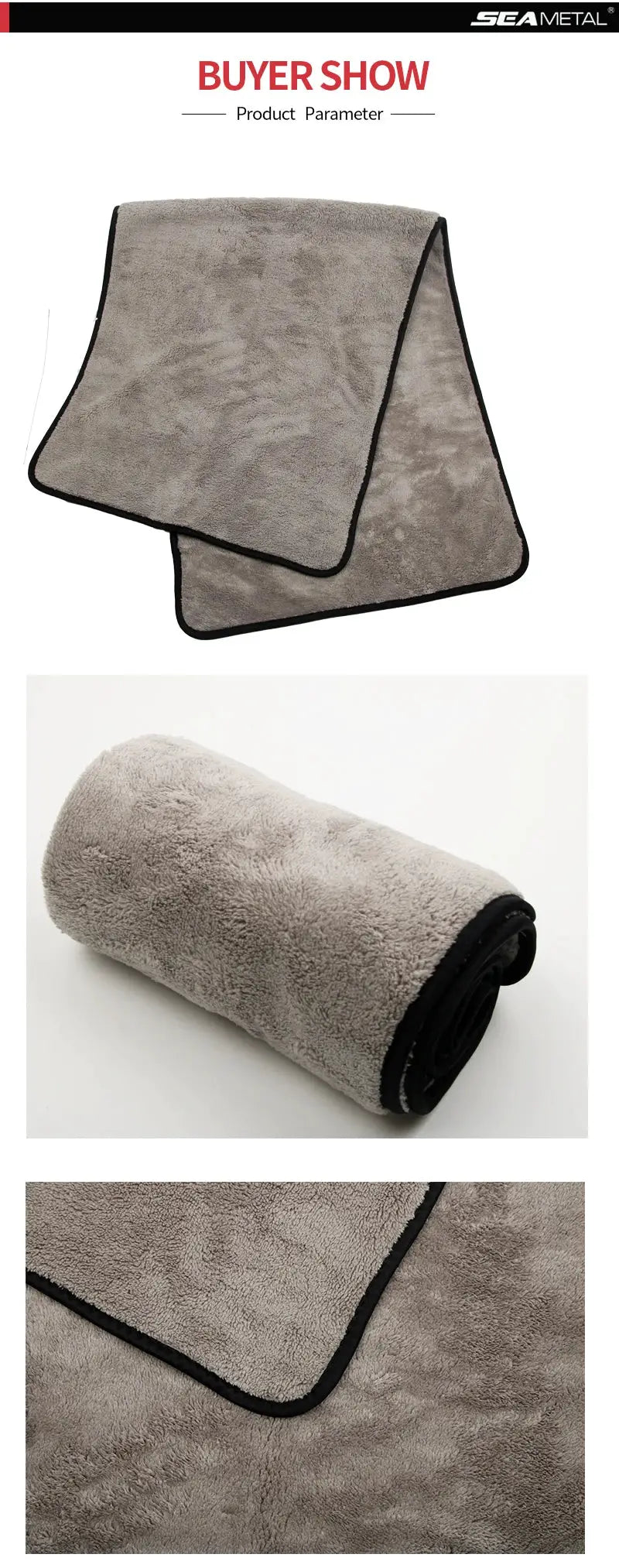 SEAMETAL microfiber car towel 2-pack; gray, ultra-absorbent, fast-drying car wash cloth with black trim