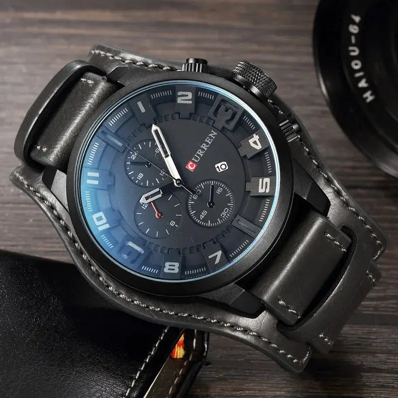 Curren men's luxury watch with black leather strap, chronograph subdials and date window