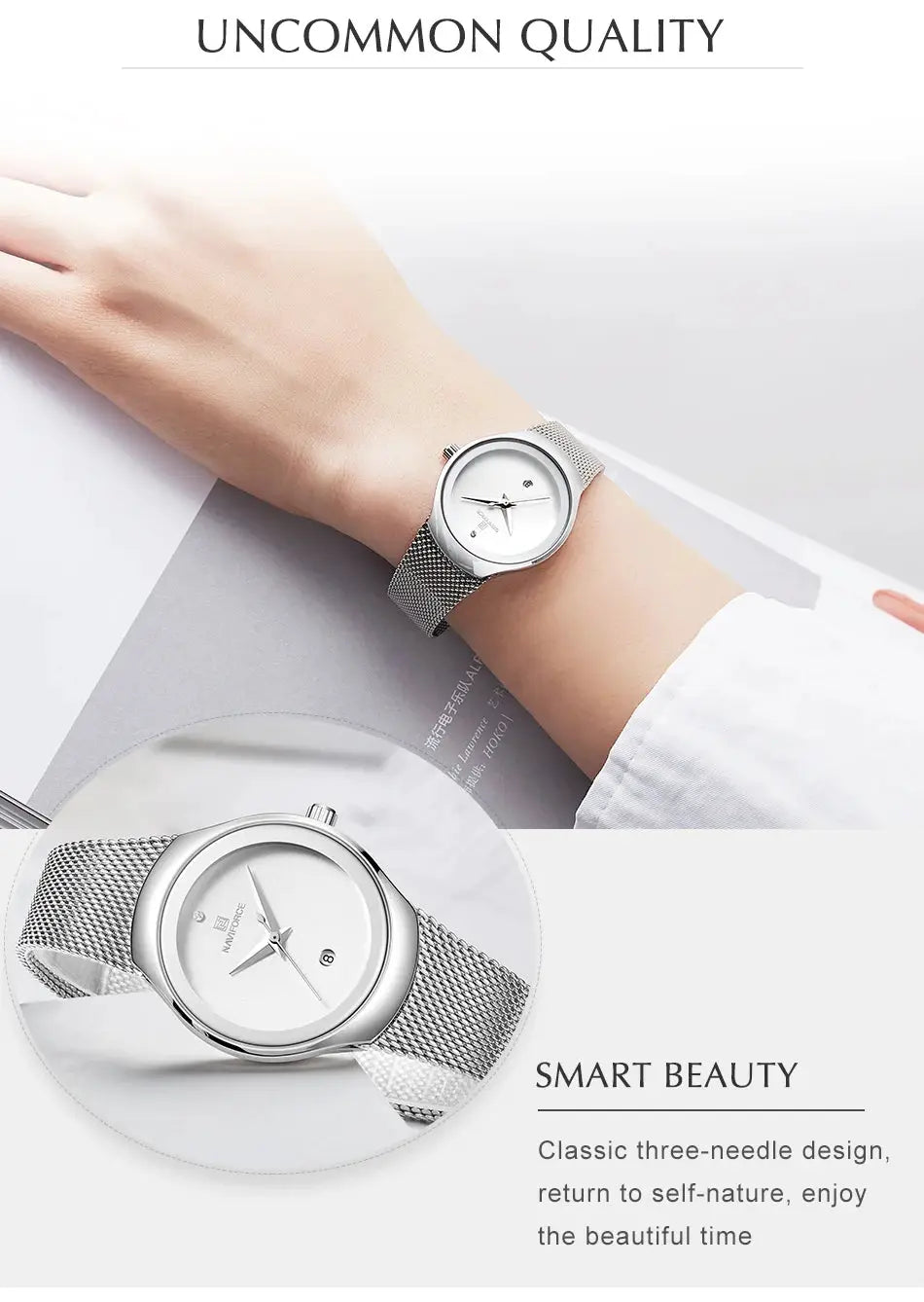 NAVIFORCE women's stainless steel mesh watch with minimalist silver dial and date window