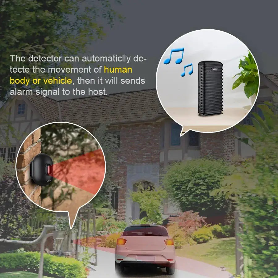 KERUI DW9 wireless garage alarm system with outdoor PIR motion sensor and black siren, driveway with car