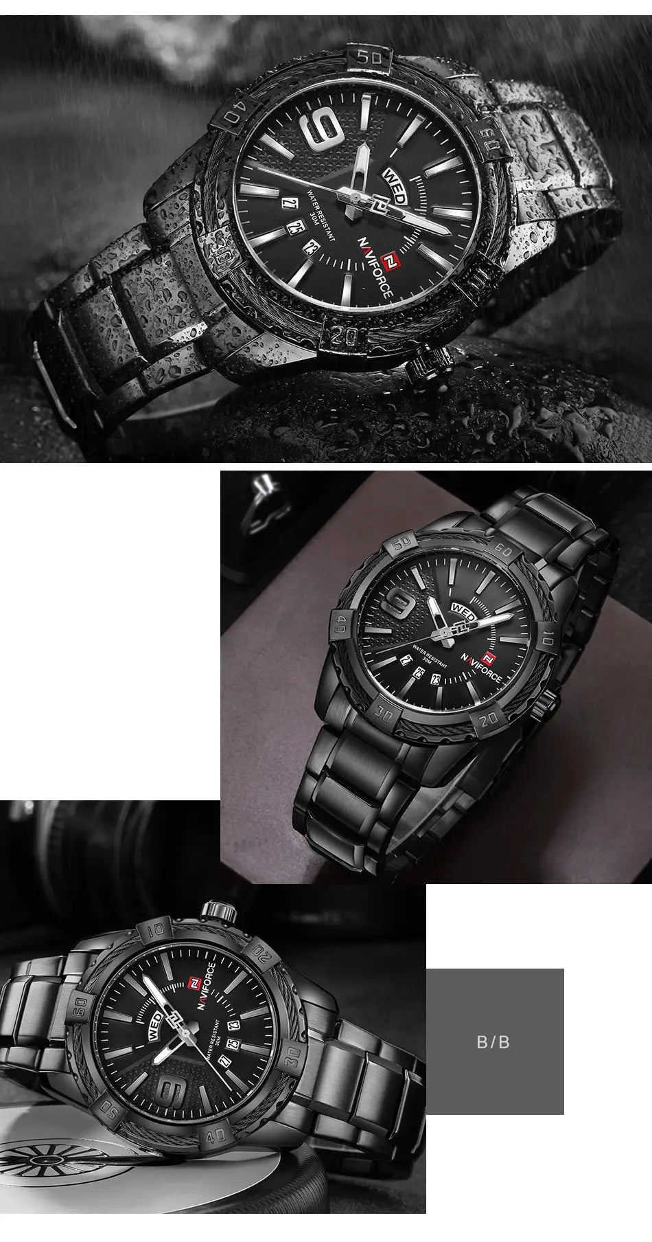 NAVIFORCE men's wristwatch with black dial and stainless steel band, water-resistant quartz.