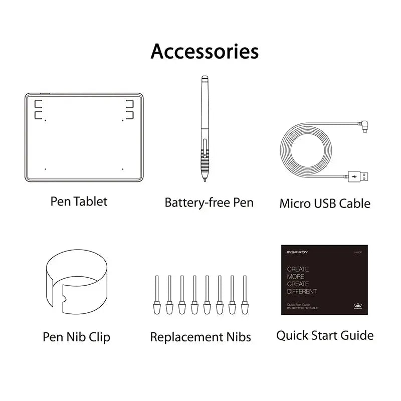HUION H430P drawing tablet accessories: battery-free pen, micro USB cable, nib clip, replacement nibs, quick start guide