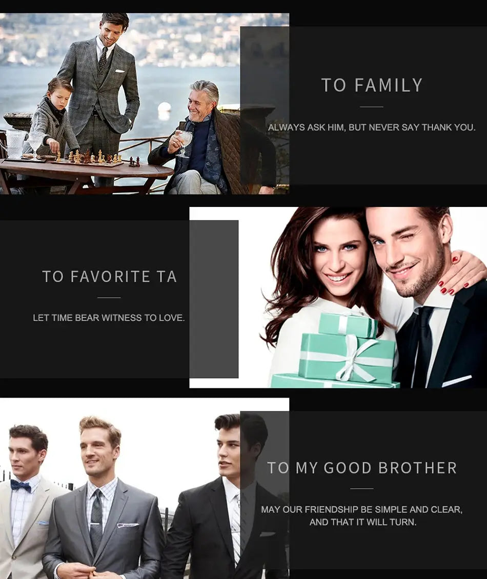 Collage banner of men in suits, a chess scene, and gift boxes with family and friend messages.