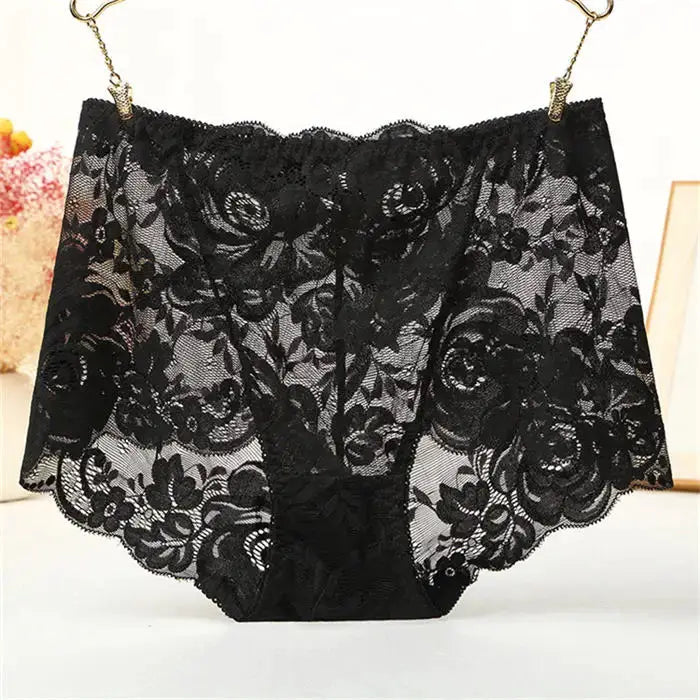 Black lace high-waist panties, plus-size lingerie with floral sheer lace and cotton crotch