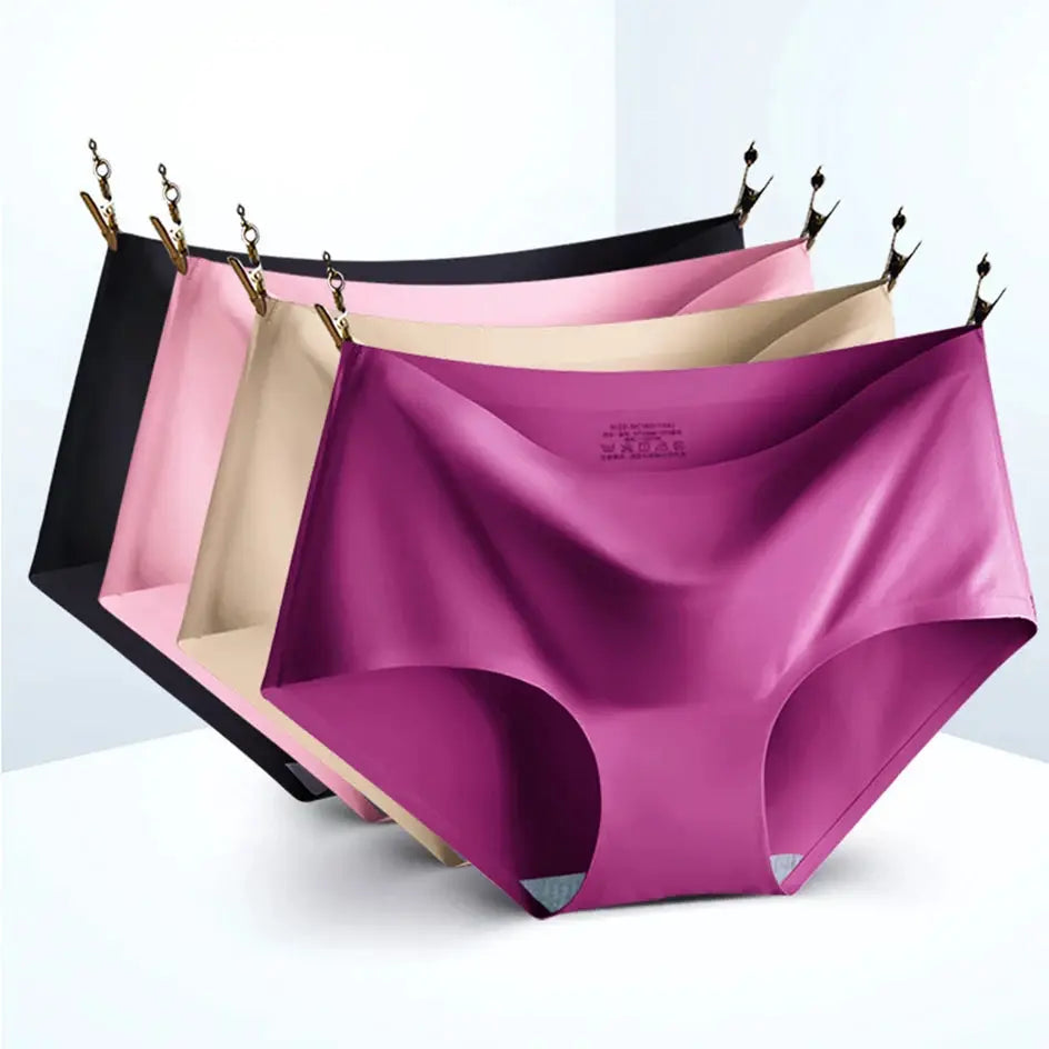 5-pack seamless mid-waist panties in ice silk, assorted colors (black, pink, beige, purple)