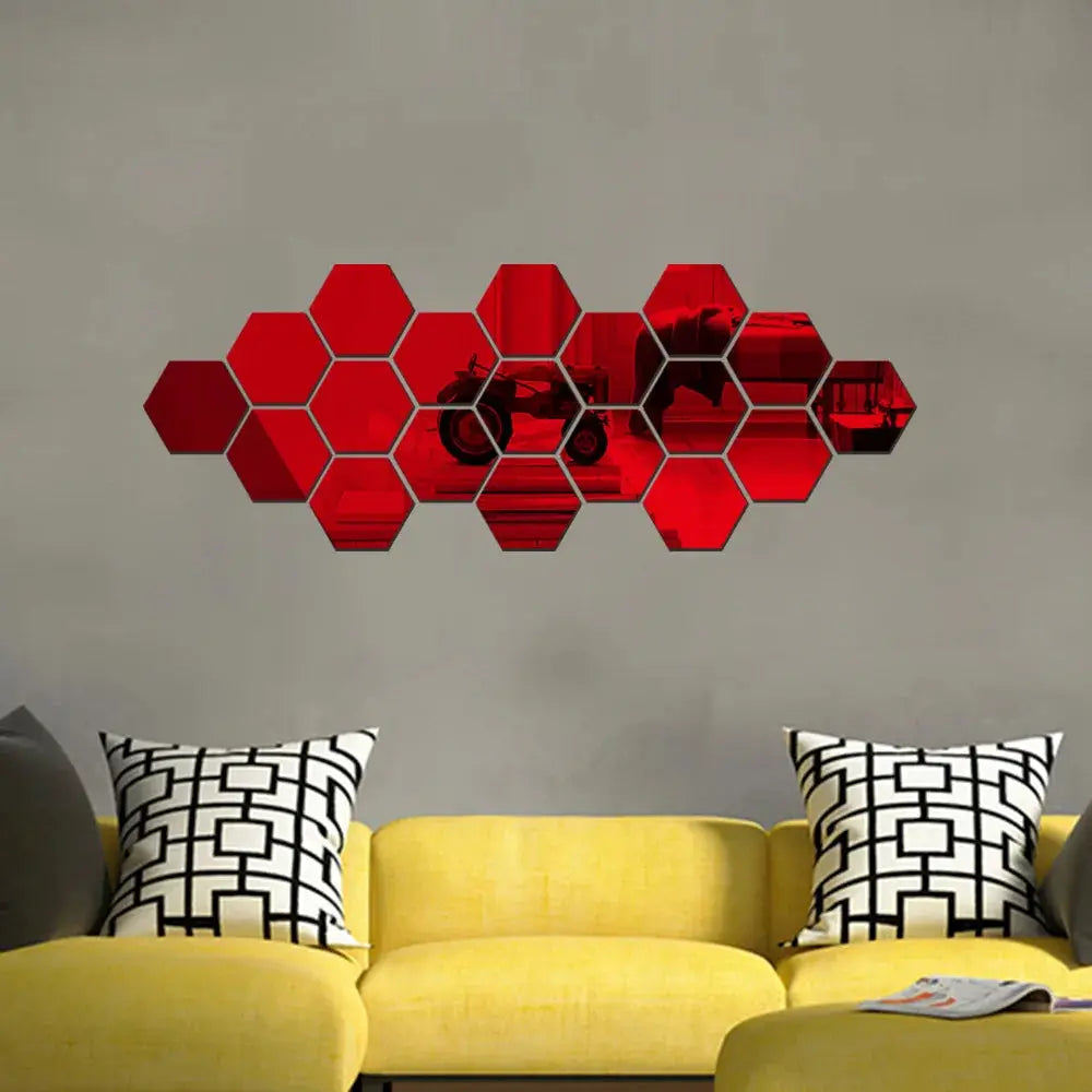 3D mirror hexagon wall sticker set, red reflective decals for DIY decor (126mm each)