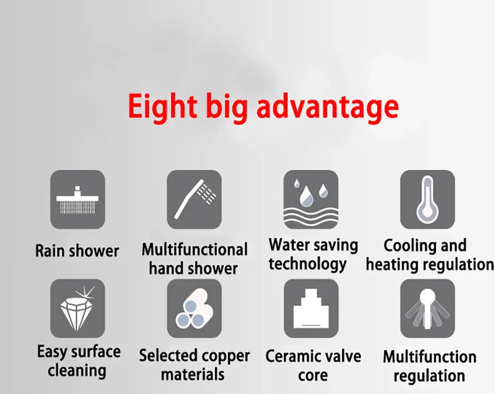 Kitchen faucet Simples Market infographic: eight advantages, rain shower, hand shower, water saving, temp control.