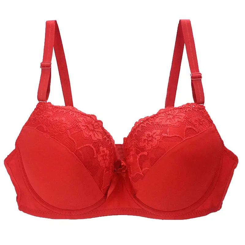 Red lace push-up bra with floral cups, underwire and adjustable straps.