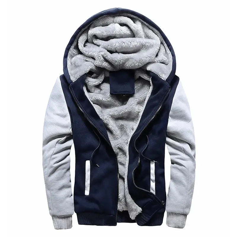 Men's navy and gray hooded jacket with fleece lining, front zipper and vertical pockets