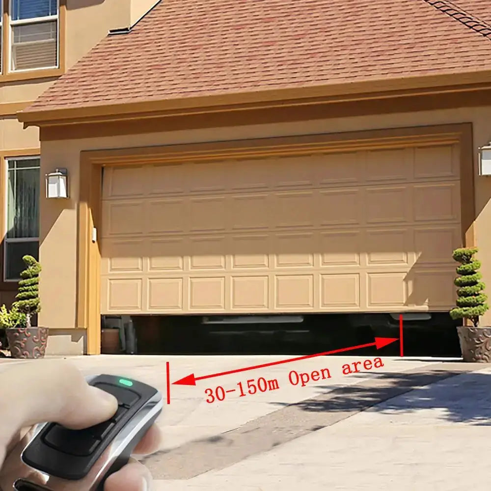 Garage remote transmitter by Simples Market; 4-in-1 multi-frequency key fob, black with green LED.