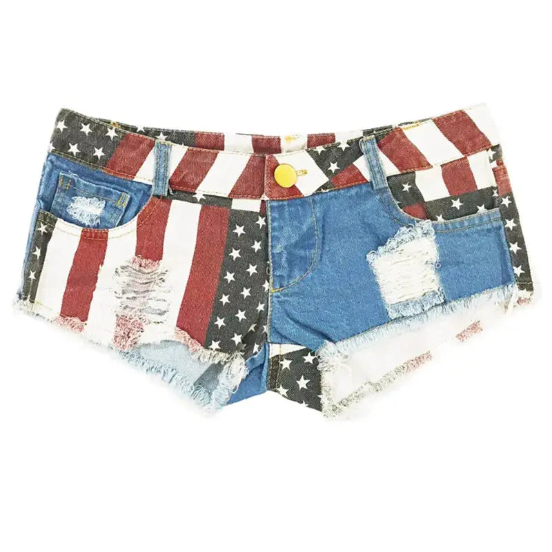 Mid waist denim shorts with USA flag patchwork and distressed hems, women's S-XXL