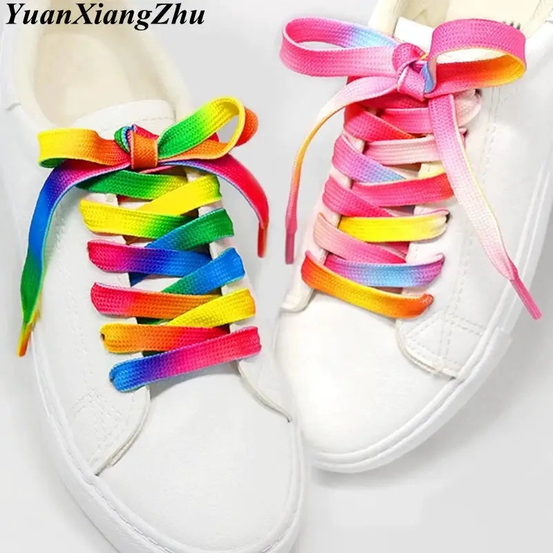 Rainbow gradient flat shoelaces for sneakers on white shoes; 80/100/120 cm lengths.