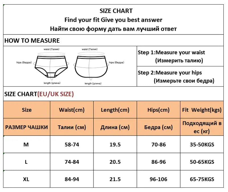 Simples Market 3Pcs cotton thong panty set size chart with waist, hips, and length measurements (M–XL).