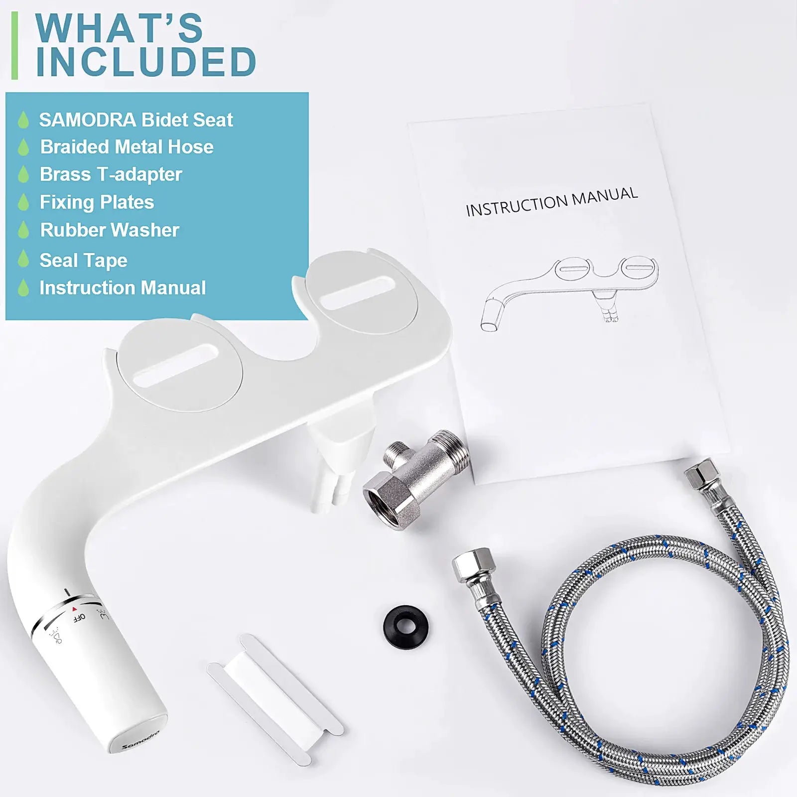 SAMODRA Bidet Seat Attachment by Simples Market; ultra-slim white dual-nozzle bidet with adjustable water pressure.