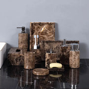 Emperador Dark marble bathroom set by Simples Market with toothbrush holder, soap dish and soap dispenser.