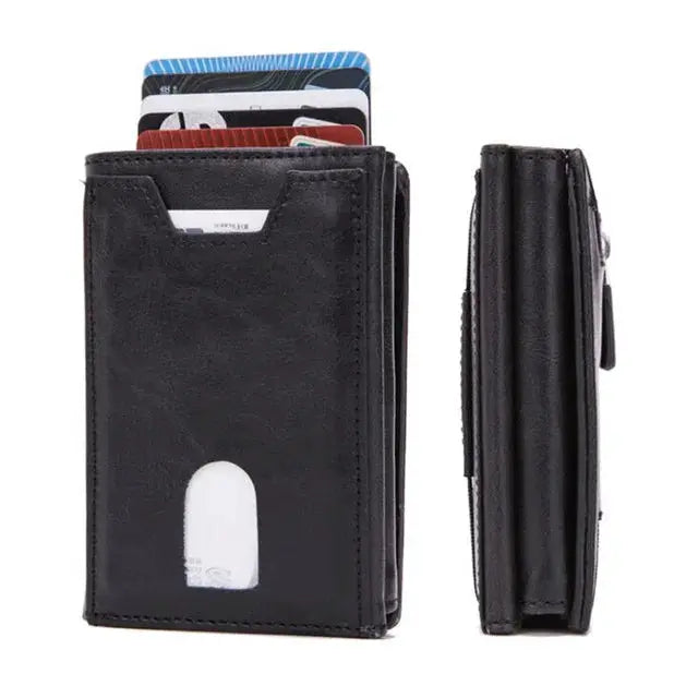 Black PU leather wallet card holder with multiple card slots, RFID blocking, compact men’s clutch