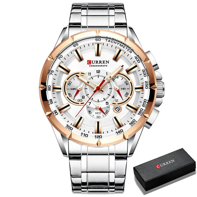 Curren men's stainless steel chronograph watch with rose-gold bezel; includes Curren box