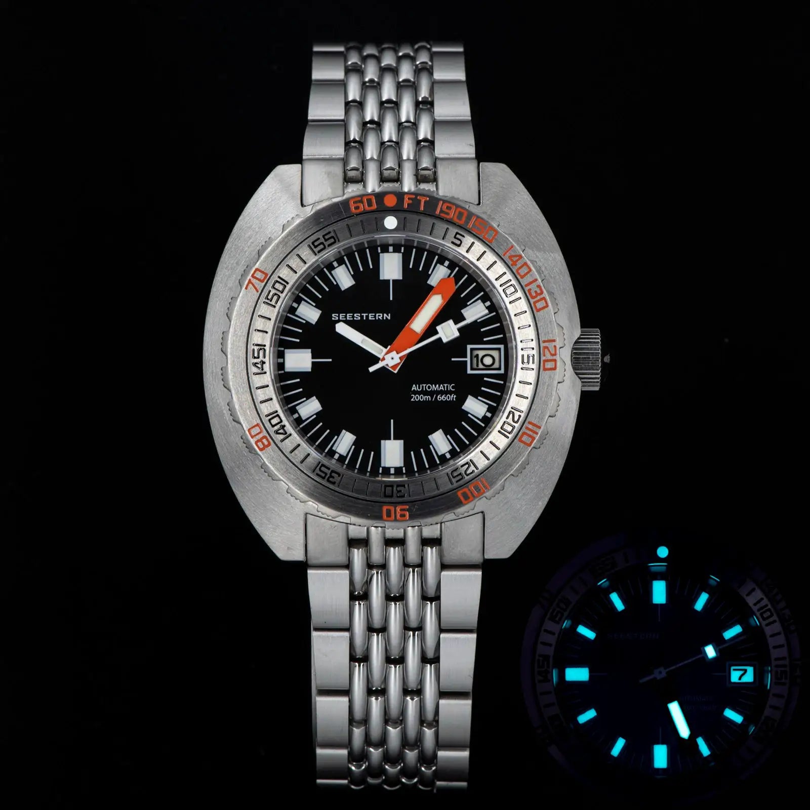 Seestern Sub300T automatic diver watch, stainless steel bracelet, black dial, orange bezel, date window