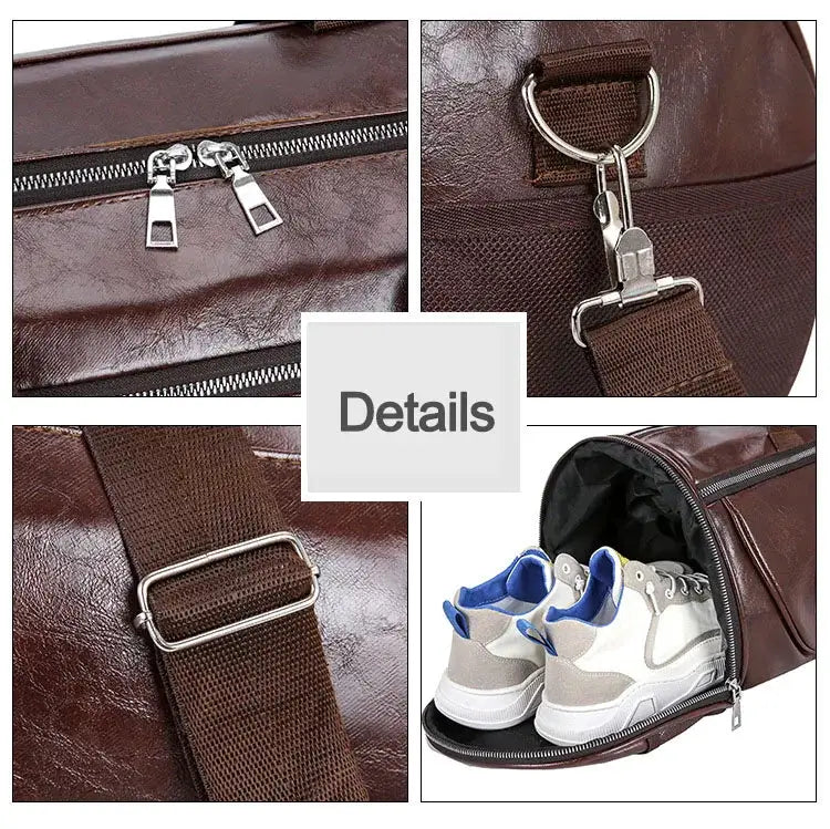 Sport gym bag by Simples Market, brown leather-look bag with shoes storage pocket, detachable adjustable strap, metal zippers.