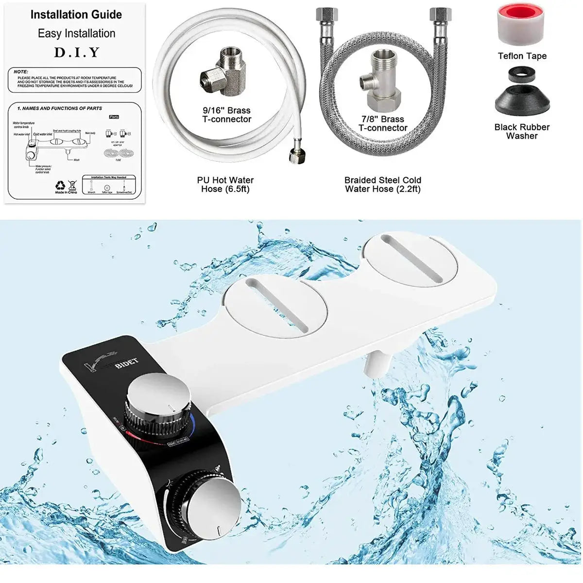 Simples Market white bidet toilet seat attachment with non-electric dual self-cleaning nozzles and hot/cold water mixer.