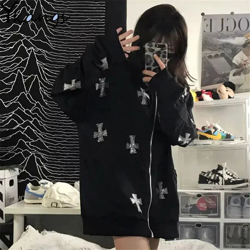 Black oversized shirt-dress with silver cross appliques, mid-sleeve casual chic