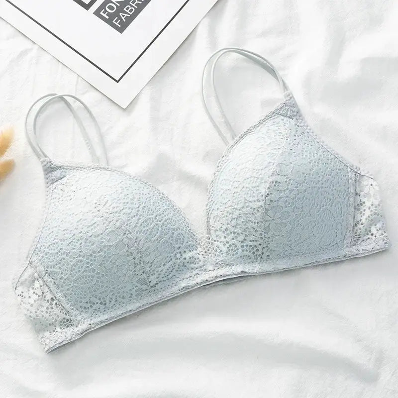 Lace bralette wireless bra in light blue floral lace for women, soft, breathable fabric by Simples Market
