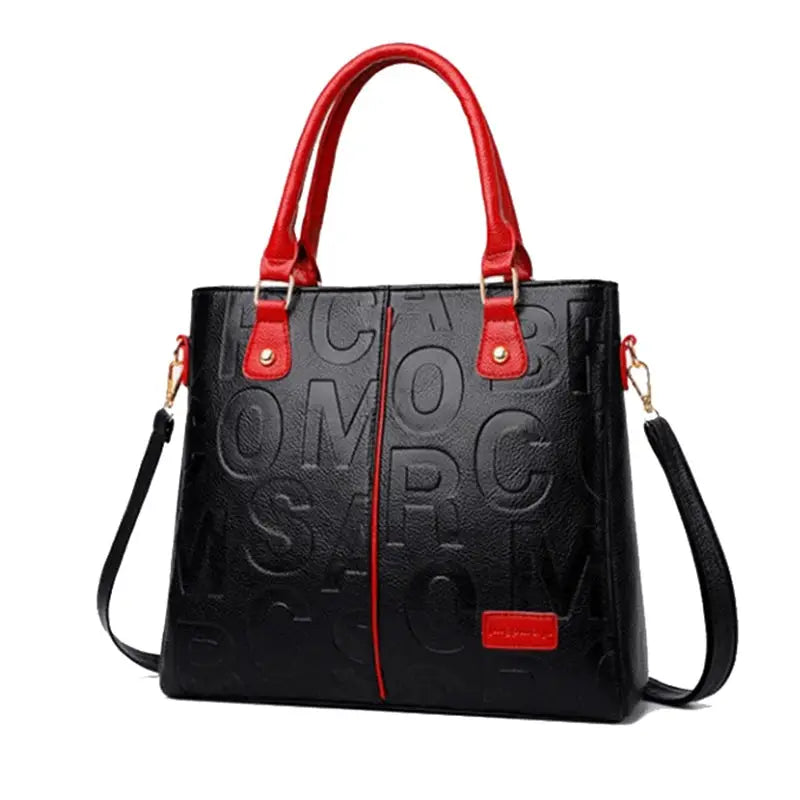 Simples Market PU Leather crossbody tote bag for women, black with red handles, embossed pattern, large capacity