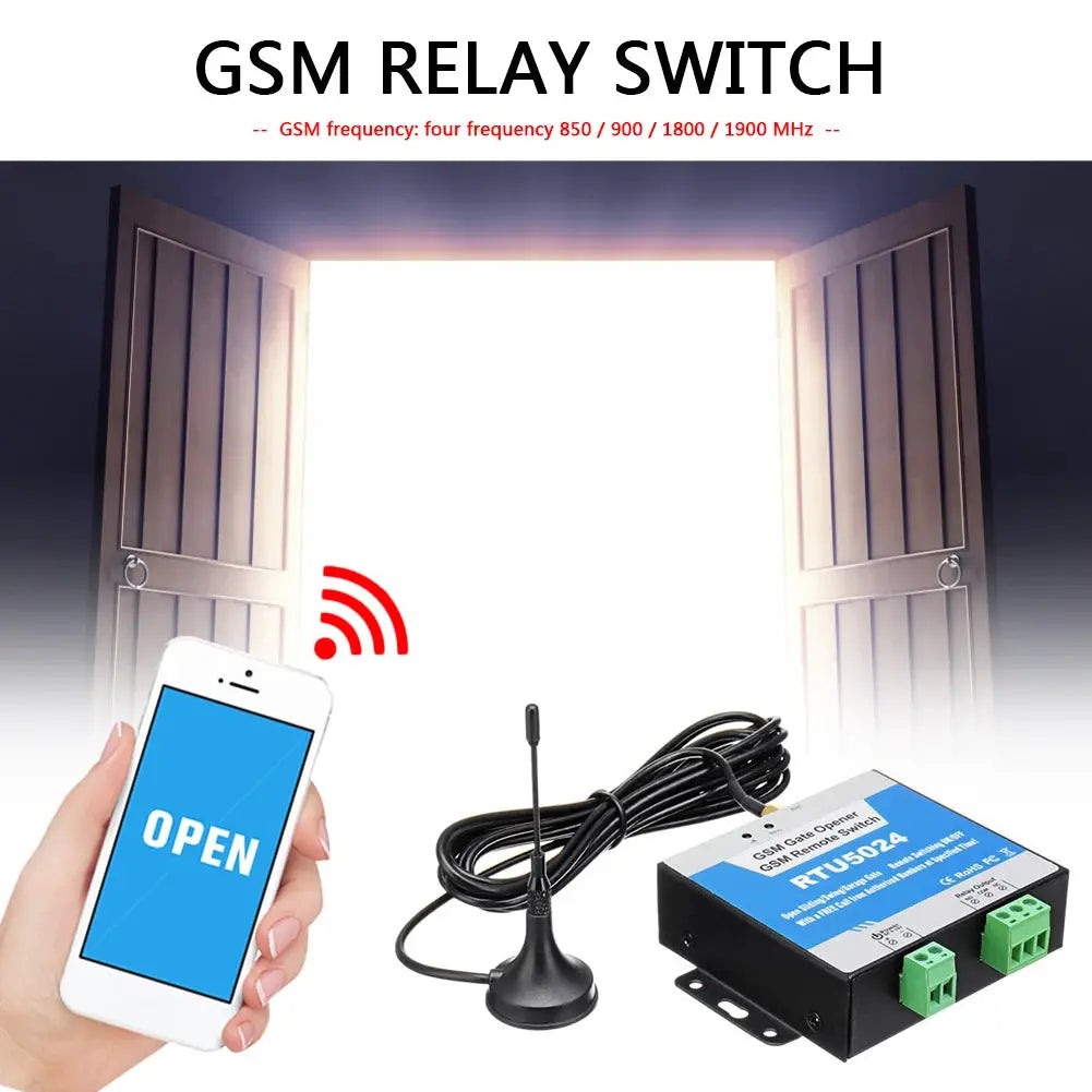 RTU5024 GSM gate opener relay switch with long antenna and green terminal blocks, smartphone remote