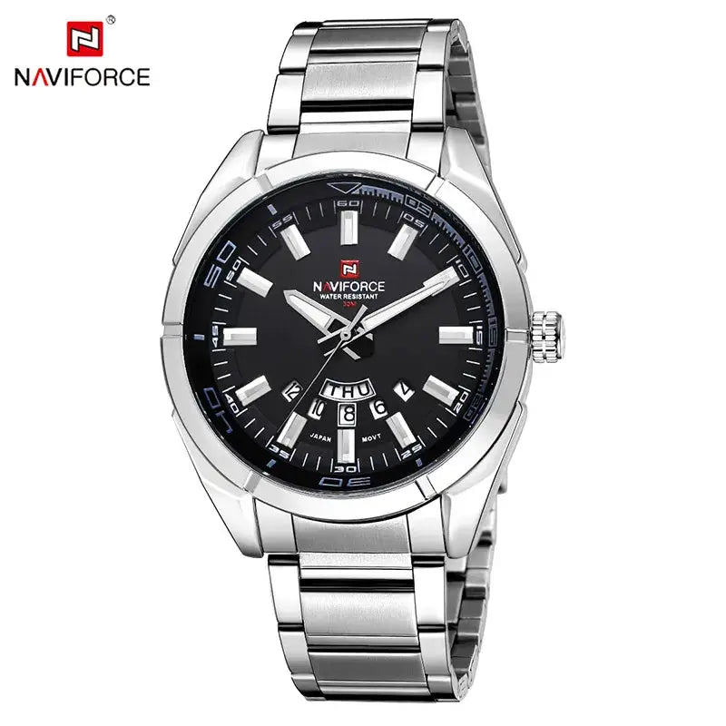 NAVIFORCE stainless steel bracelet men's analog watch with black dial, day-date display, water resistant