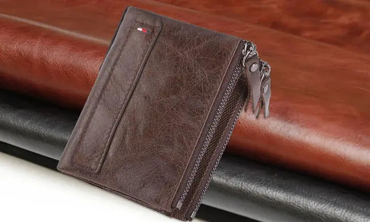 Men's brown leather wallet made of genuine cowhide with zip-around pocket and card slots