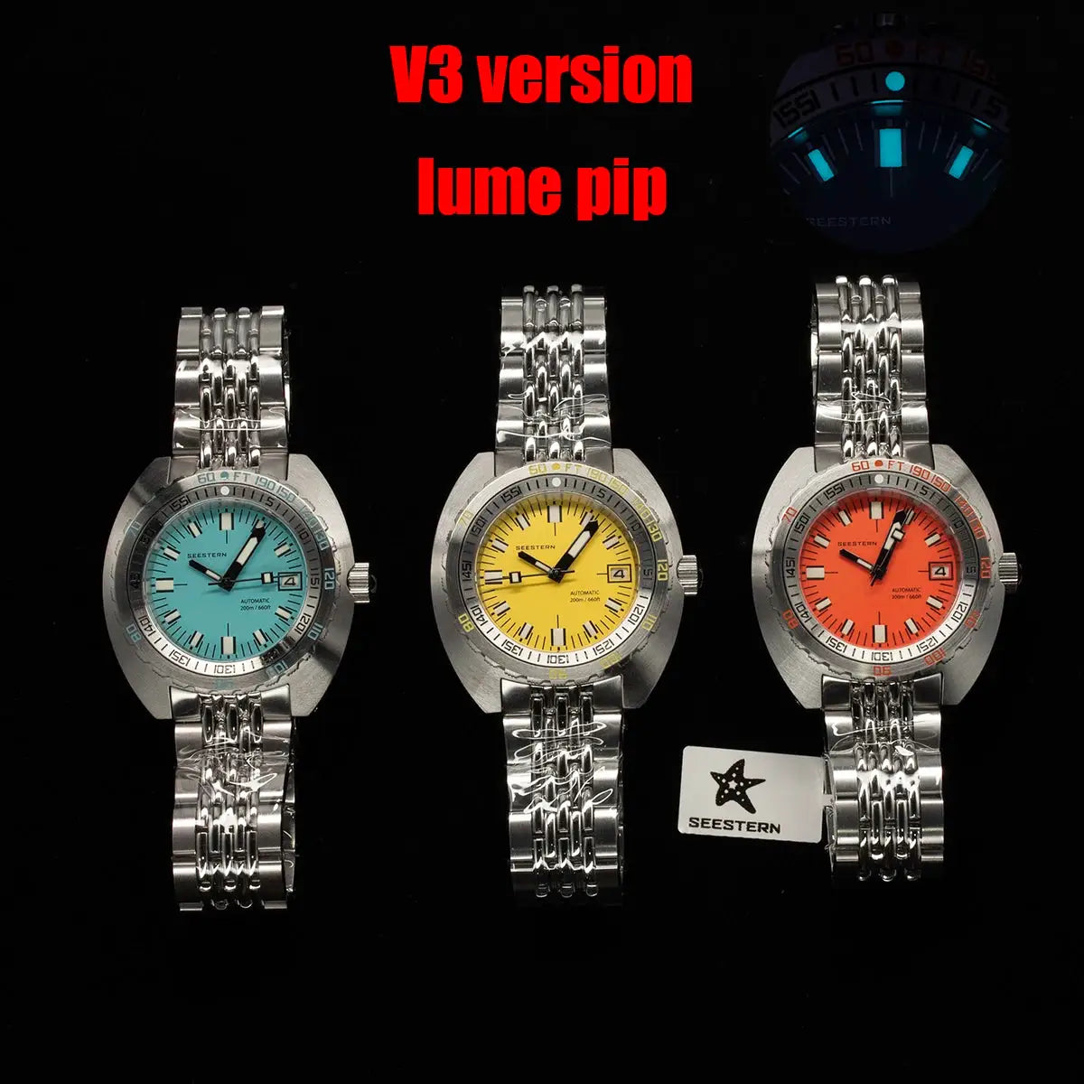Seestern diver watches set of 3 with turquoise, yellow and orange dials on stainless steel bracelets