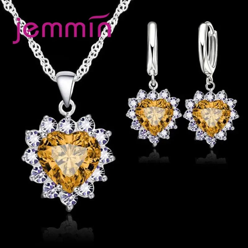 Yaameli 925 Silver Heart Pendant Necklace And Hoop Earrings Jewelry Set For Women Engagement Anniversary Gift