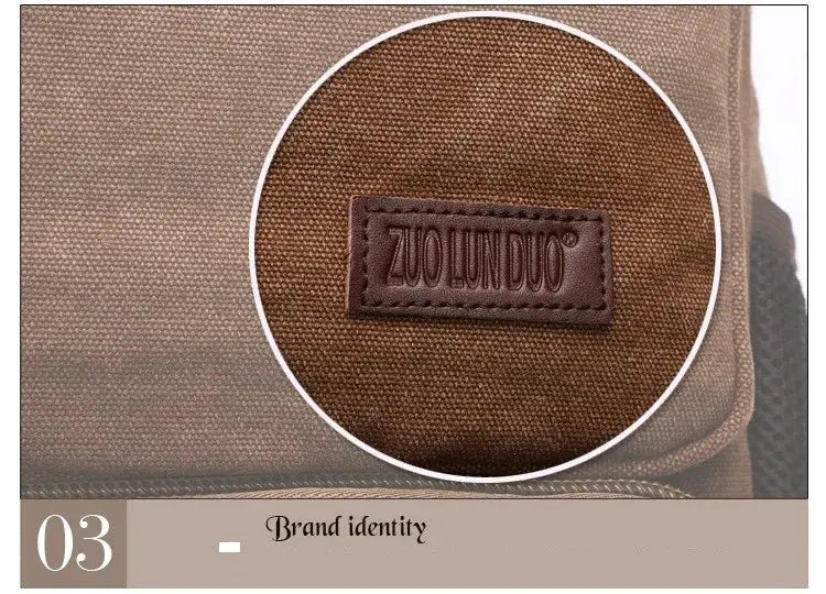 Vintage brown canvas backpack for men with leather brand patch ZUO LUN DUO.