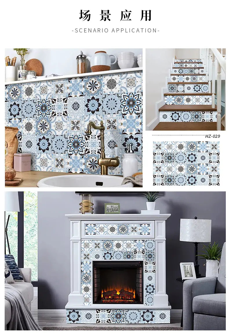 24pcs light blue and white tile wall stickers, waterproof self-adhesive decals for kitchen and bathroom, Simples Market