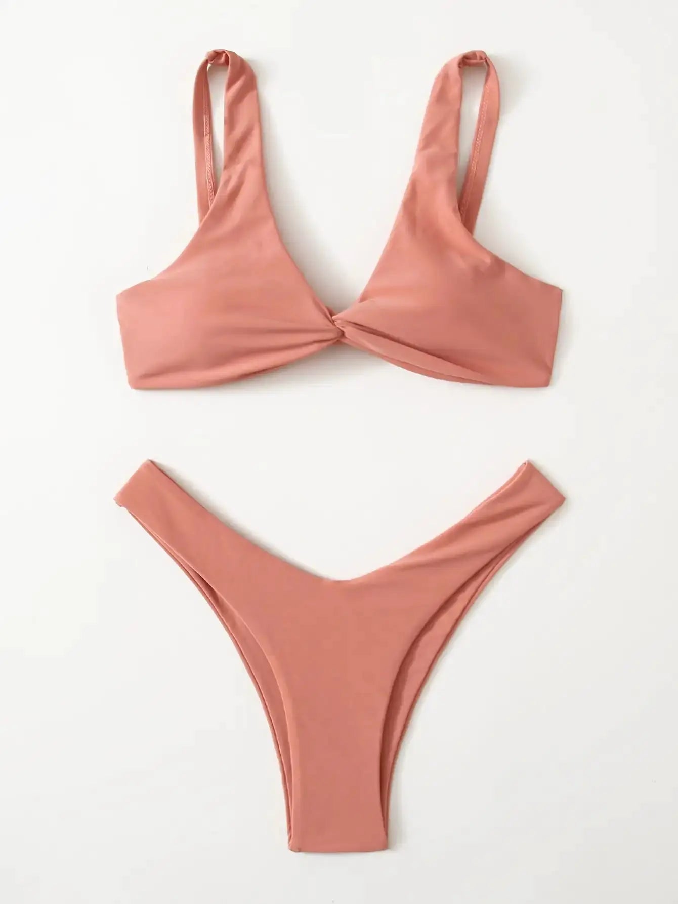 ZTVitality solid peach-pink 2-piece tie bikini set with padded top and high-leg bottoms by Simples Market