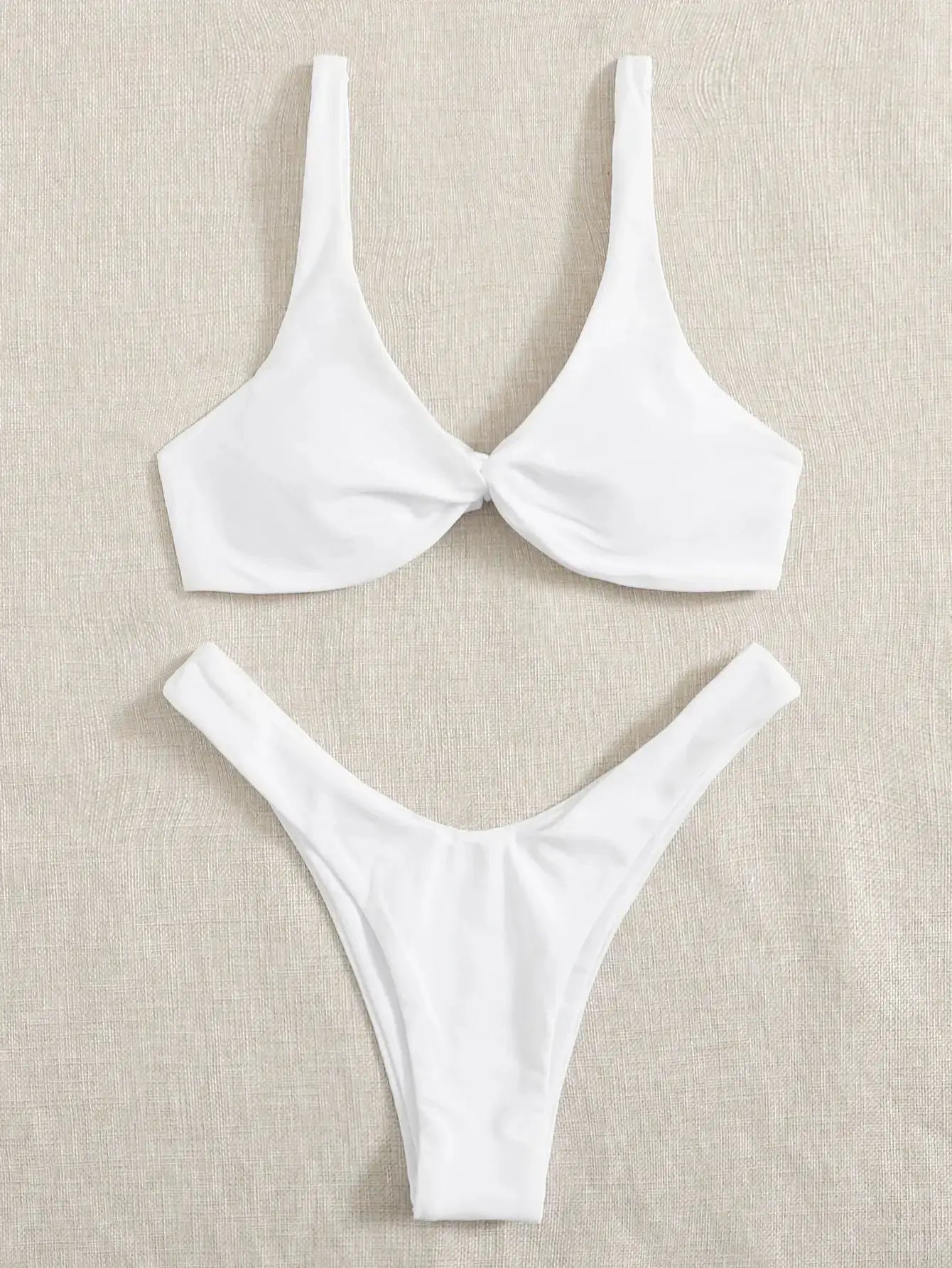 White solid bikini set with tie-front knot top and high-leg bottoms, padded cups, 2-piece women's swimsuit