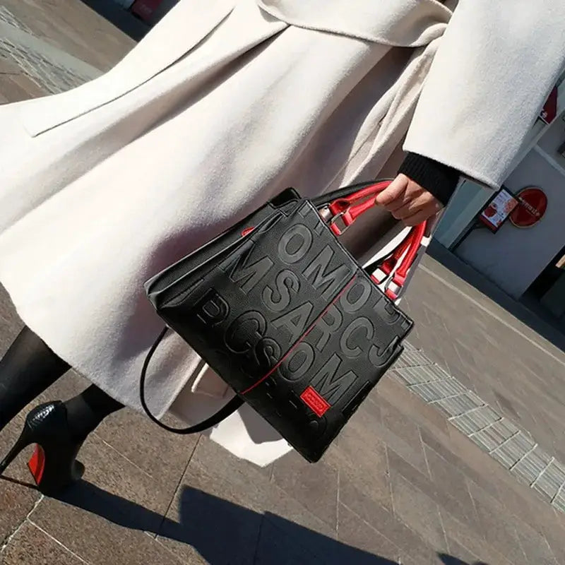 Simples Market black PU leather crossbody tote with red handles and large capacity