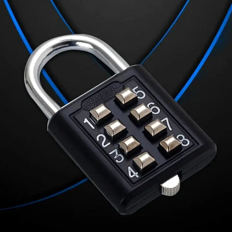 8-digit keypad combination padlock for luggage; black body with silver U-shaped shackle