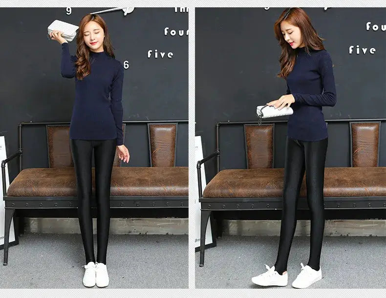 Leggings with navy top: black shiny skinny pants, two looks