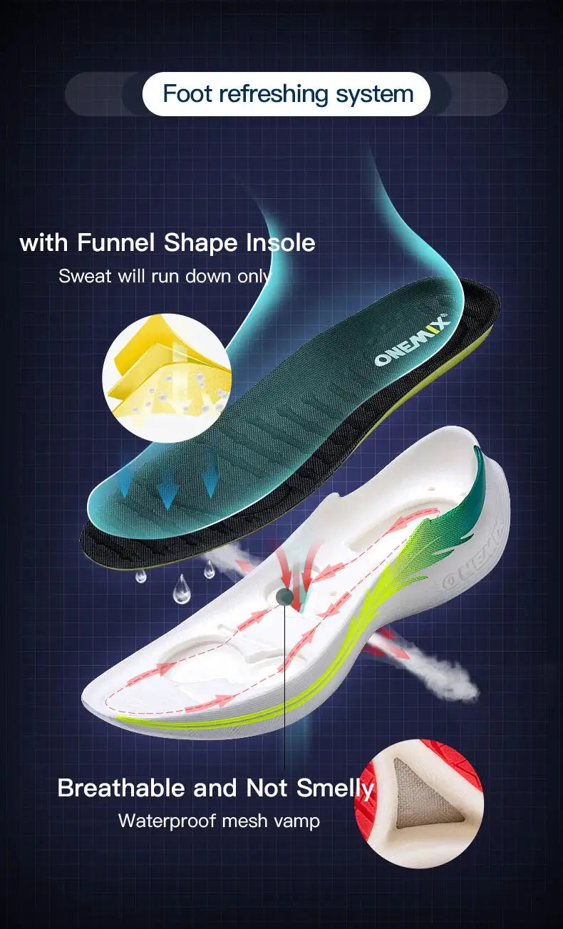 Onemix running shoes pair; breathable, lightweight lace-up athletic sneakers.