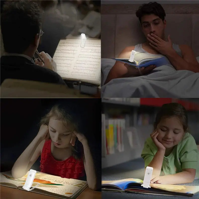 LED USB rechargeable clip-on book light by Simples Market, white; four scenes shown